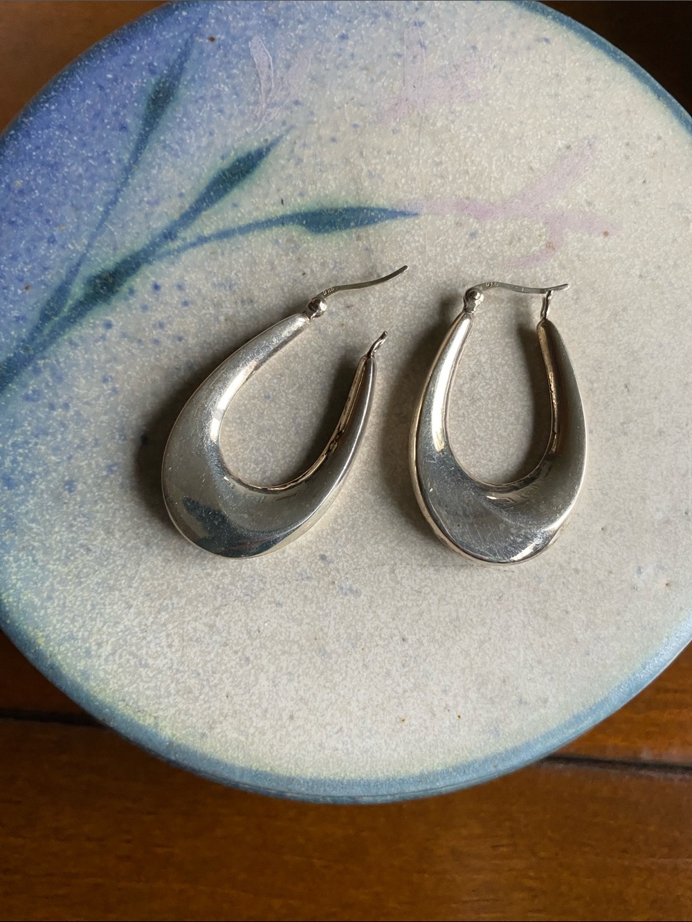 Vintage Sterling Silver Long Oval Hoop Earrings Marked 925